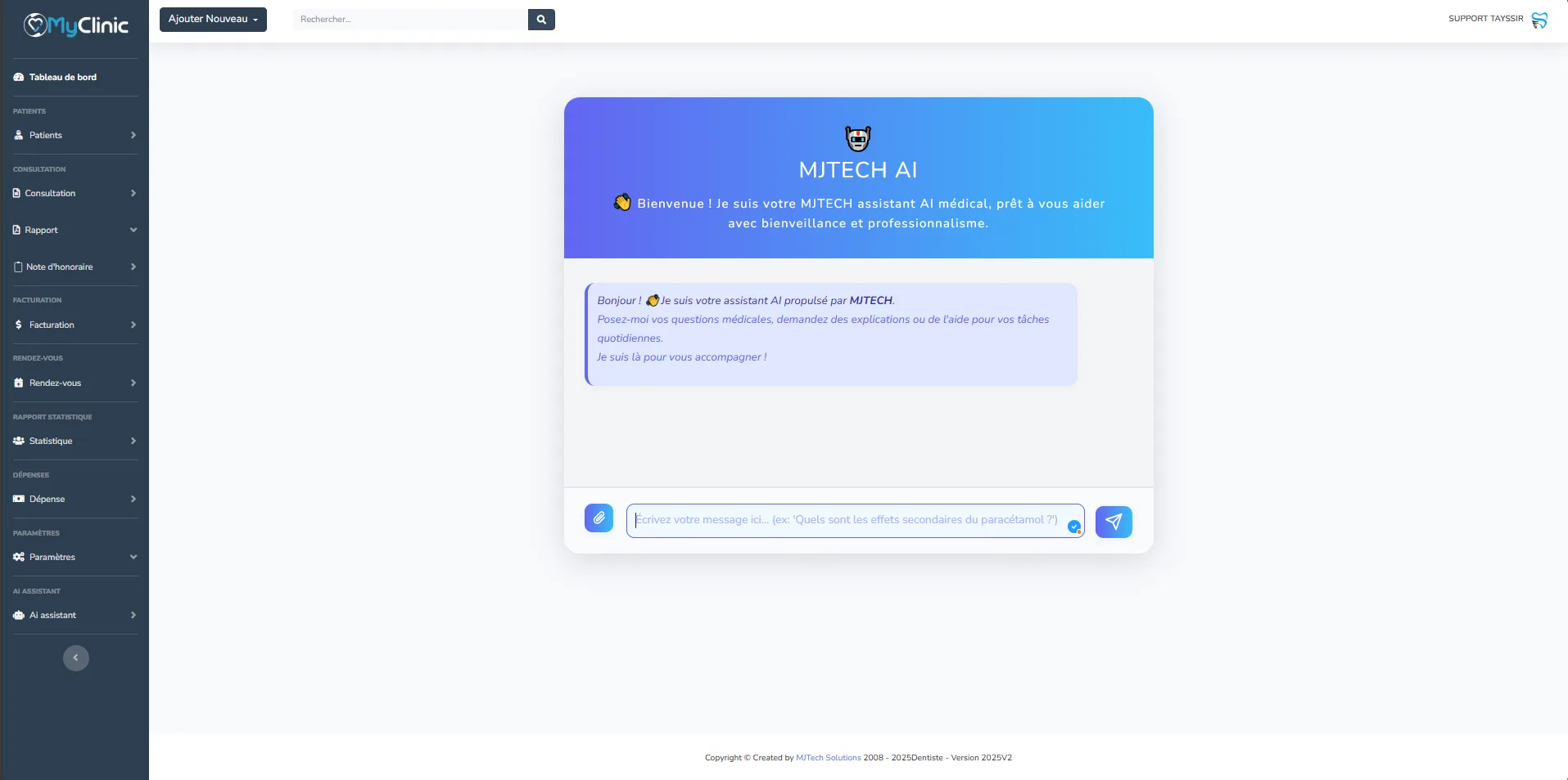 Capture de l’interface MyClinic avec l’assistant intégré