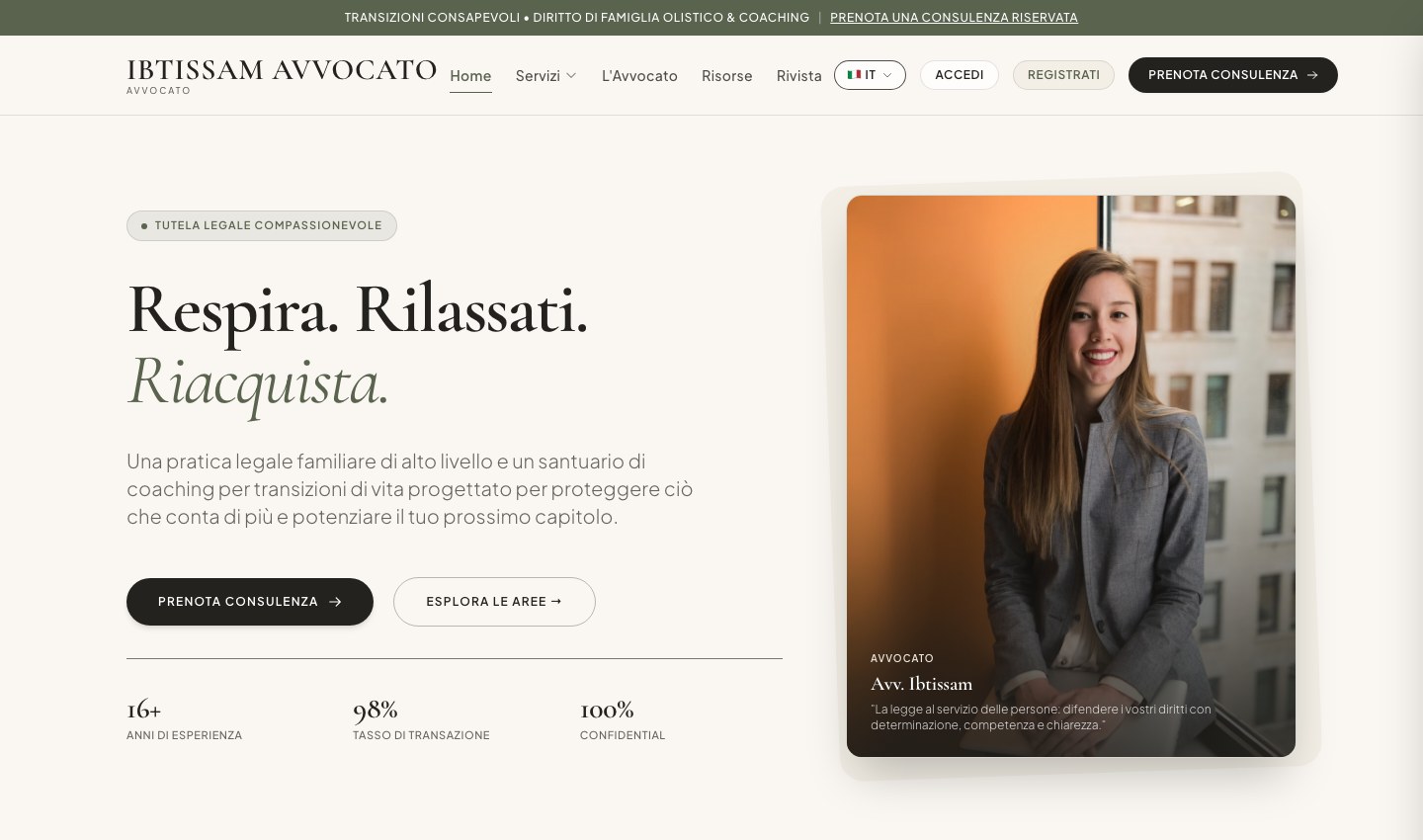 IBTISSAM AVVOCATO homepage with Italian navigation, an editorial headline, consultation links, and a portrait