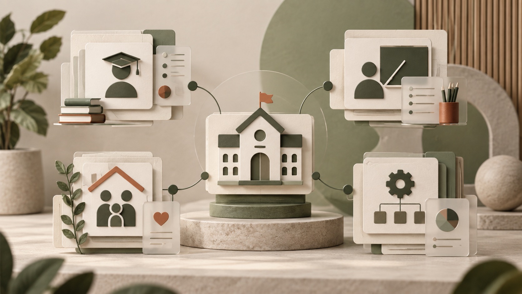 Illustration des élèves, enseignants, familles et administration reliés par une école